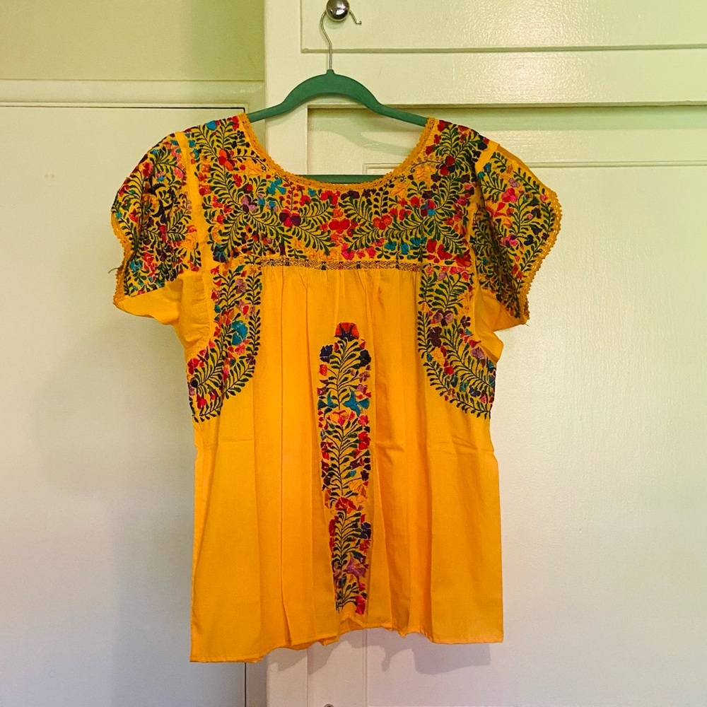 San Antonino Mexican Embroidered Blouse OS BNWOT Yellow Antonio